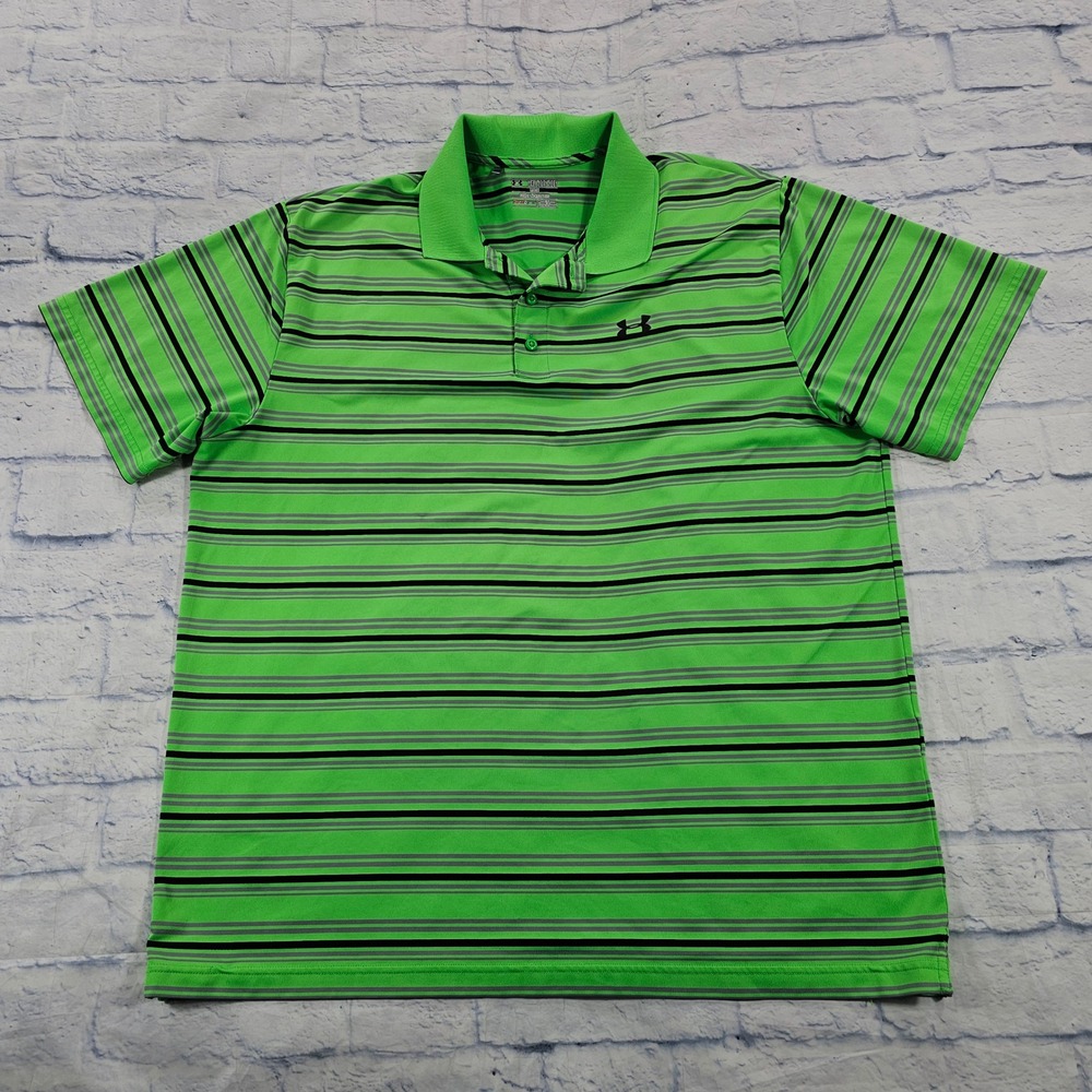 Under Armour Polo Shirt MEN 2XL Green Striped HeatGear Loose Fit 1253477 Golf